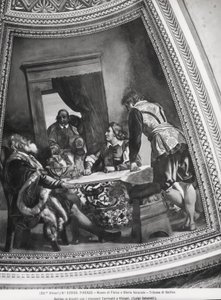 Galileo Galilei (1564-1642) em Arcetri com seus alunos, Evangelista Torricelli (1608-47) e Vincenzo Viviani (1622-1703) do Tribune of Galileo